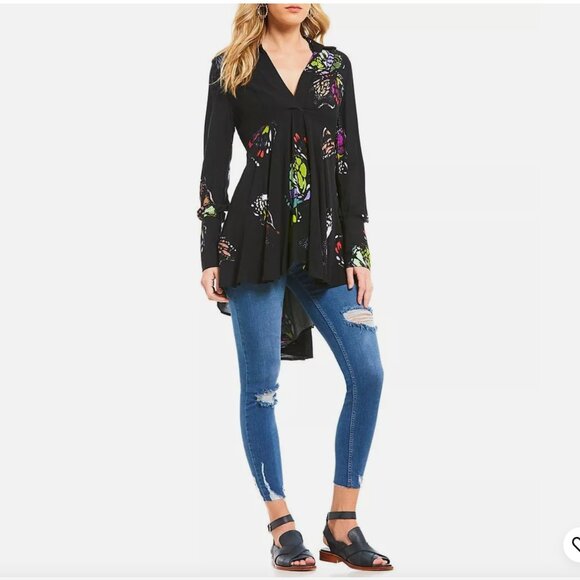 Free People Medium Field of Butterflies Tunic Dress Top High Low Black - Picture 6 of 16